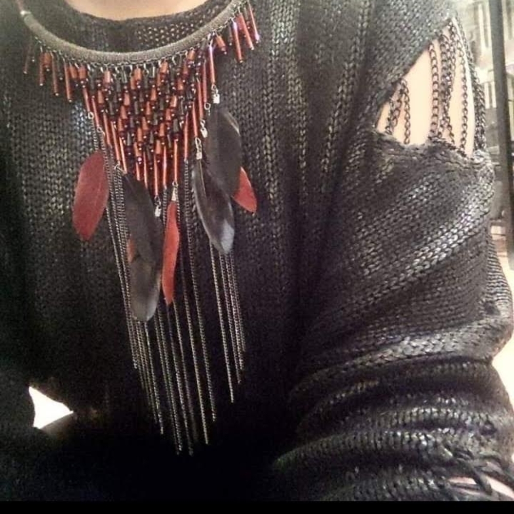 Chain & Feather Necklace, Black & Red, NWT Boutique